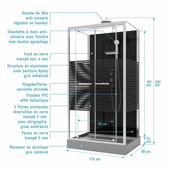 AURLANE - Cabine de douche rectangle 110x80x215cm - Portes pivotantes - Lignes grises anthracites - SCRATCHY 2 - large