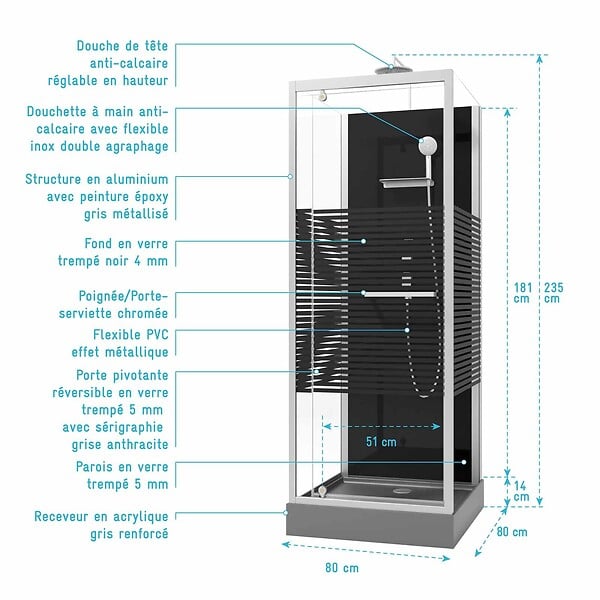 AURLANE - Cabine de douche carree 80x80x215cm - Porte pivotante - Lignes grises anthracites - SCRATCHY 2 - large