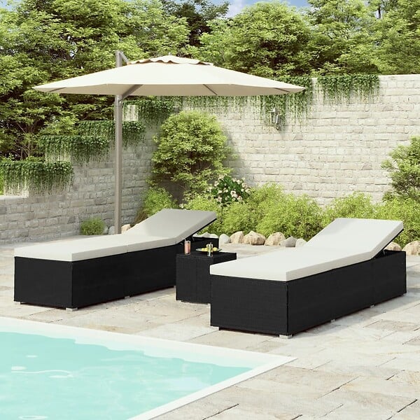 VIDAXL - vidaXL Chaises longues de jardin table à thé 3 pcs Résine tressée Noir - large