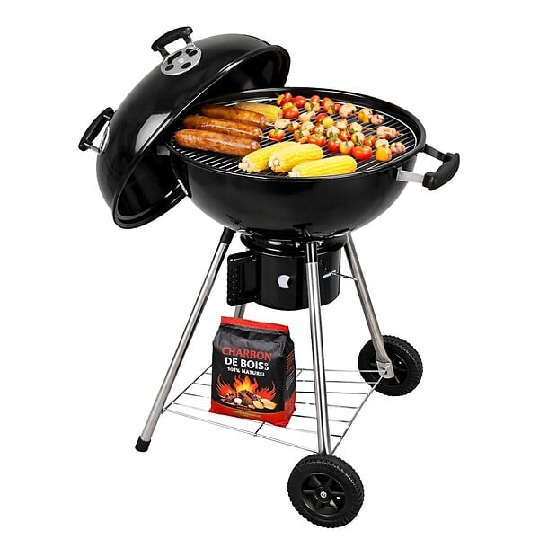 INTEC - Barbecue à Charbon de Bois sur Trépied Ø57cm Grille Cuisson & Couvercle Thermostat Bac à cendres Barbecue rond 2 roues INTEC - large