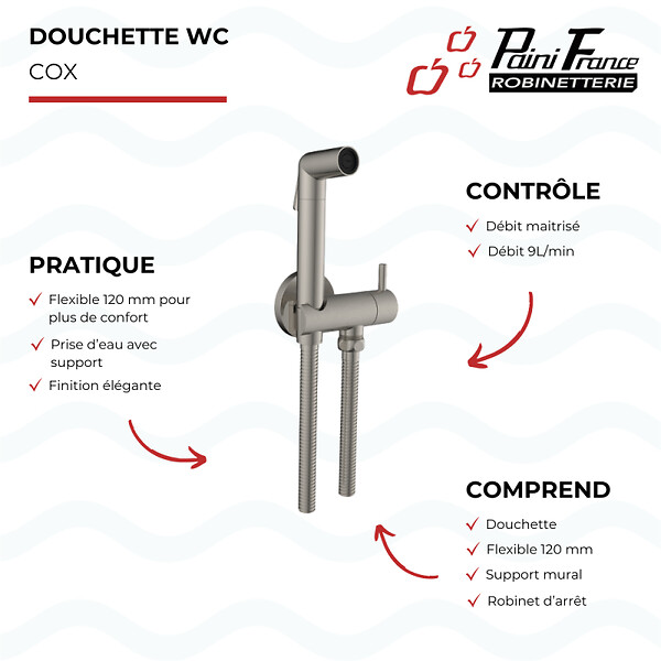 OLFA - Douchette WC Cox ronde + Support + Flexible inox brossé - large