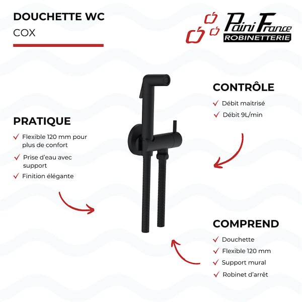 OLFA - Douchette WC Cox ronde Noir Mat + support + flexible - large