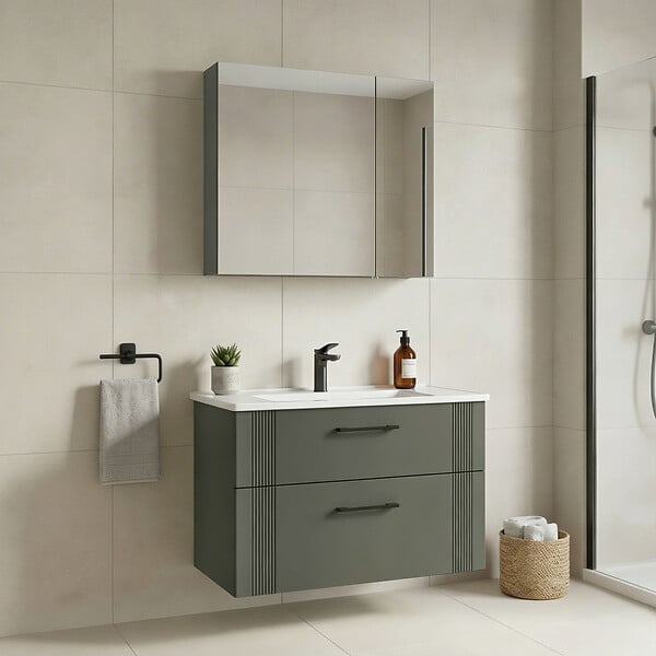 HABITAT ET JARDIN - Ensemble Meuble Vasque avec Miroir (2 Pièces) "Bari 85 v2" - 85 x 45 x 55 cm - Matte Green - large