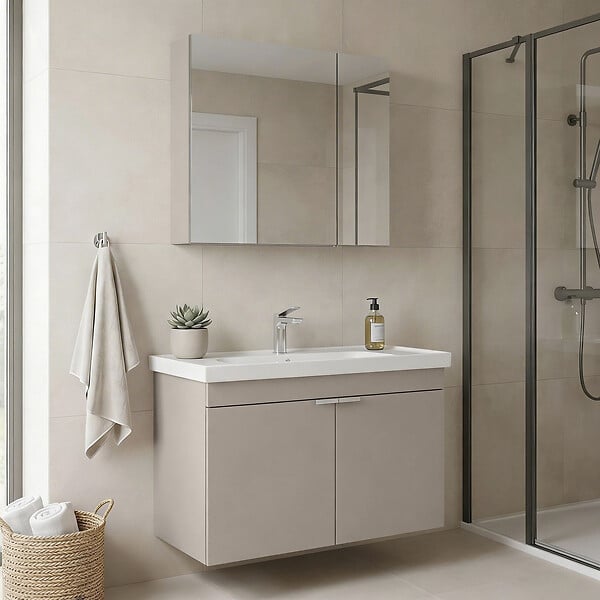 HABITAT ET JARDIN - Ensemble Meuble Vasque avec Miroir (2 Pièces) "Desna 90" - 90 x 45 x 58 cm - Sand - large