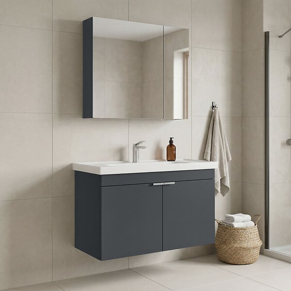 HABITAT ET JARDIN - Ensemble Meuble Vasque avec Miroir (2 Pièces) "Desna 90" - 90 x 45 x 58 cm - Matte Anthracite - large