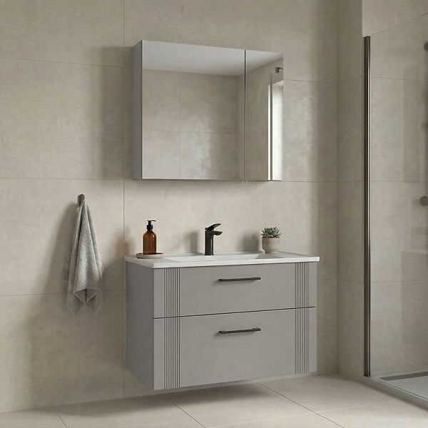HABITAT ET JARDIN - Ensemble Meuble Vasque avec Miroir (2 Pièces) "Bari 85 v2" - 85 x 45 x 55 cm - Matte Cashmere - large