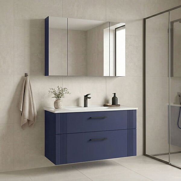 HABITAT ET JARDIN - Ensemble Meuble Vasque avec Miroir (2 Pièces) "Bari 100 v2" - 100 x 45 x 55 cm - Matte Navy Blue - large