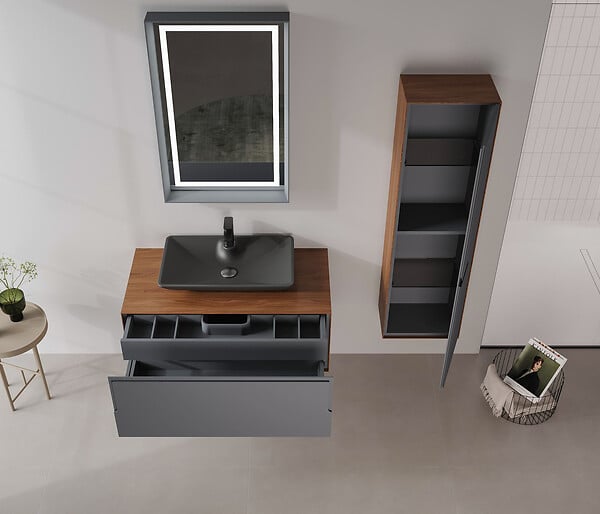 HABITAT ET JARDIN - Ensemble Meuble Vasque avec Miroir (2 Pièces) "Craft 100" - 100 x 50 x 40 cm - Walnut / Anthracite - large