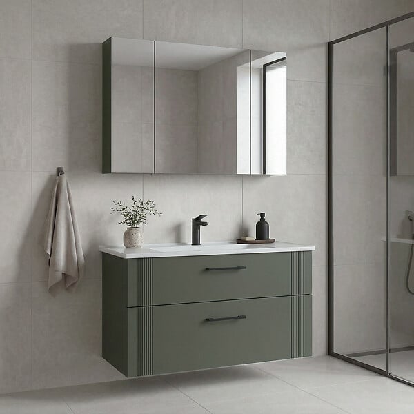 HABITAT ET JARDIN - Ensemble Meuble Vasque avec Miroir (2 Pièces) "Bari 100 v2" - 100 x 45 x 55 cm - Matte Green - large