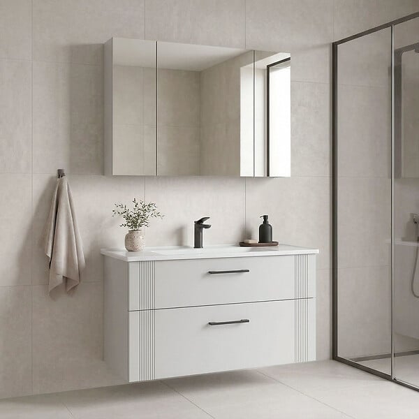 HABITAT ET JARDIN - Ensemble Meuble Vasque avec Miroir (2 Pièces) "Bari 100 v2" - 100 x 45 x 55 cm - Matte White - large