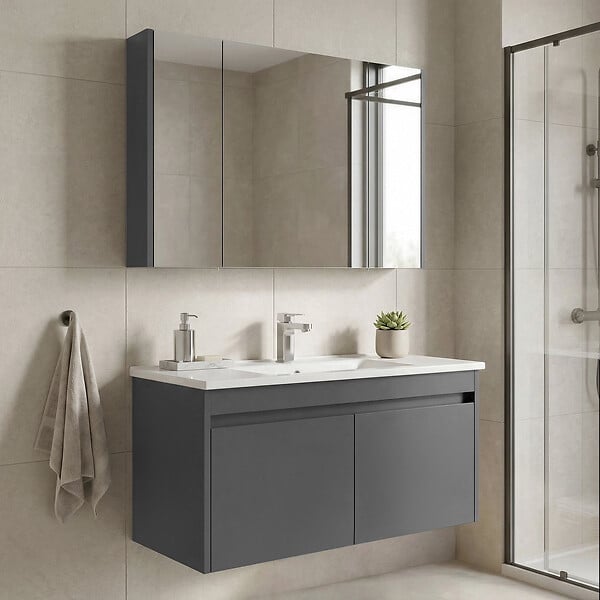 HABITAT ET JARDIN - Ensemble Meuble Vasque avec Miroir (2 Pièces) "Arno 100" - 100 x 45 x 52 cm - Grey - large