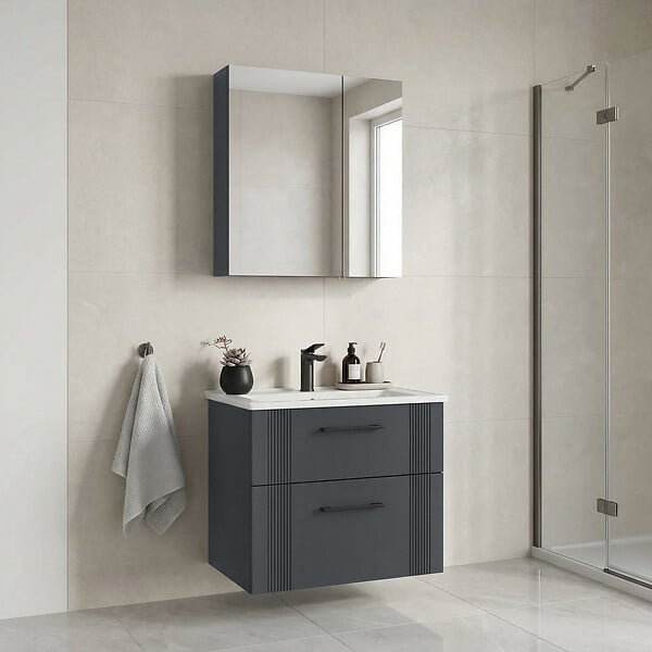 HABITAT ET JARDIN - Ensemble Meuble Vasque avec Miroir (2 Pièces) "Bari 65 v2" - 65 x 45 x 55 cm - Matte Anthracite - large