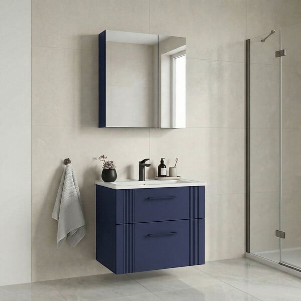 HABITAT ET JARDIN - Ensemble Meuble Vasque avec Miroir (2 Pièces) "Bari 65 v2" - 65 x 45 x 55 cm - Matte Navy Blue - large