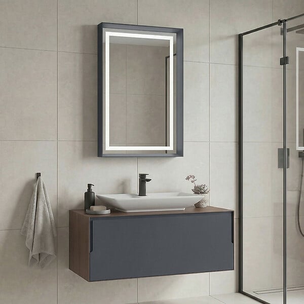 HABITAT ET JARDIN - Ensemble Meuble Vasque avec Miroir (2 Pièces) "Craft 100" - 100 x 50 x 40 cm - Walnut / Anthracite / White - large