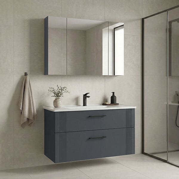 HABITAT ET JARDIN - Ensemble Meuble Vasque avec Miroir (2 Pièces) "Bari 100 v2" - 100 x 45 x 55 cm - Matte Anthracite - large