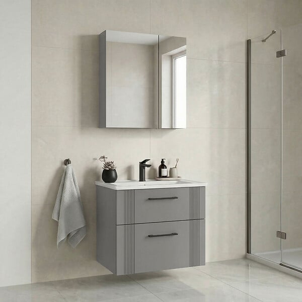 HABITAT ET JARDIN - Ensemble Meuble Vasque avec Miroir (2 Pièces) "Bari 65 v2" - 65 x 45 x 55 cm - Matte Cashmere - large