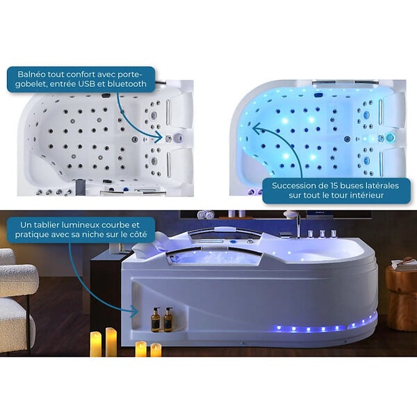 DISTRIBAIN - Baignoire Balnéo asymétrique VULCANO-D 56 jets Whirlpool - large
