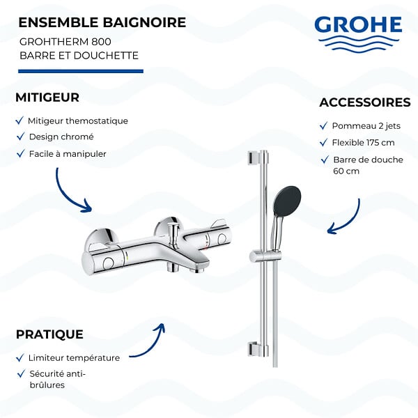 GROHE - PACK Mitigeur thermostatique bain douche + pommeau de douche + Barre de douche + flexible Grotherm 800 et Tempesta - large