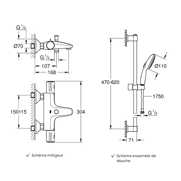 GROHE - PACK Mitigeur thermostatique bain douche + pommeau de douche + Barre de douche + flexible Grotherm 800 et Tempesta - large