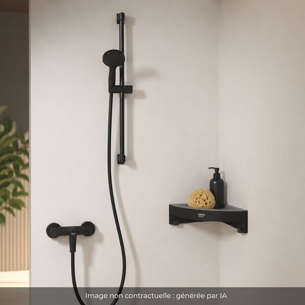 GROHE - Mitigeur douche mécanique start Black + Ensemble de douche 2 jets avec barre Noir + Tablette d'angle - large