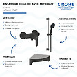 GROHE - Mitigeur douche mécanique start Black + Ensemble de douche 2 jets avec barre Noir + Tablette d'angle - vignette