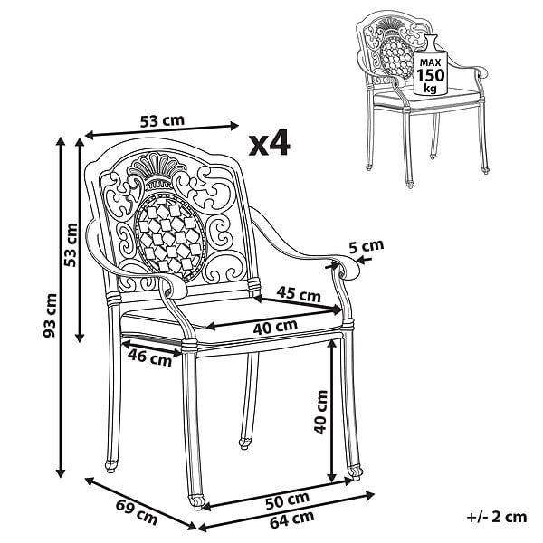 BELIANI - Lot de 4 chaises de jardin avec coussins SALENTO Métal Marron foncé - large
