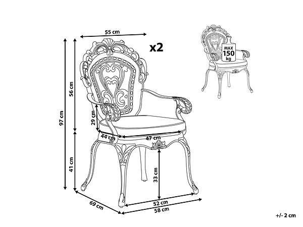 BELIANI - Lot de 2 chaises de jardin avec coussins SAPRI Métal Marron foncé - large