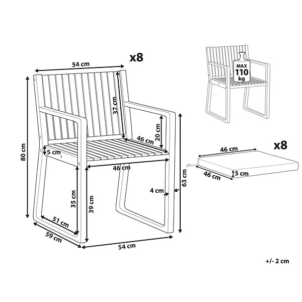 BELIANI - Lot de 8 chaises de jardin avec coussins SASSARI II Bois d'acacia certifié Vert - large