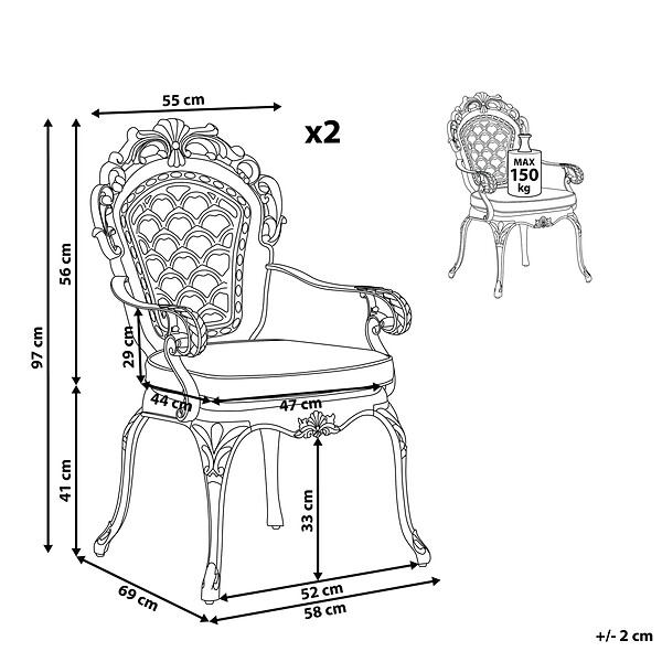 BELIANI - Lot de 2 chaises de jardin avec coussins LIZZANO Métal Marron foncé - large