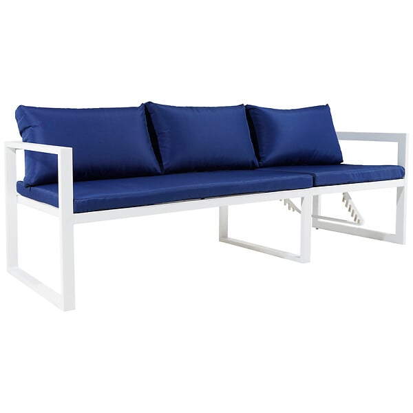 HAPPY GARDEN - Salon de jardin modulable IBIZA en tissu bleu 7 places - aluminium blanc - large