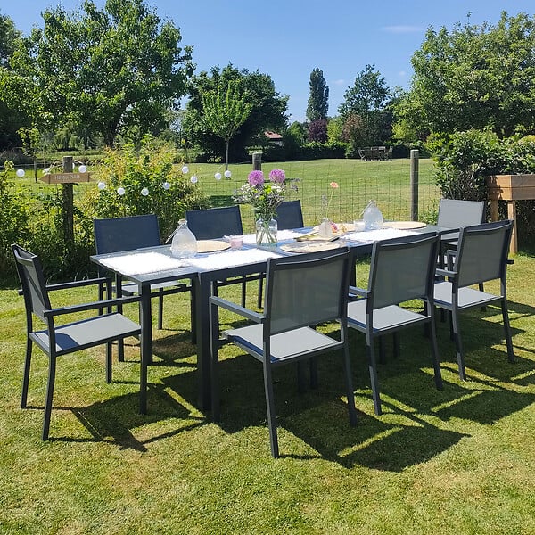 HAPPY GARDEN - Salon de jardin FIRENZE extensible en textilène gris 8 places - aluminium anthracite - large