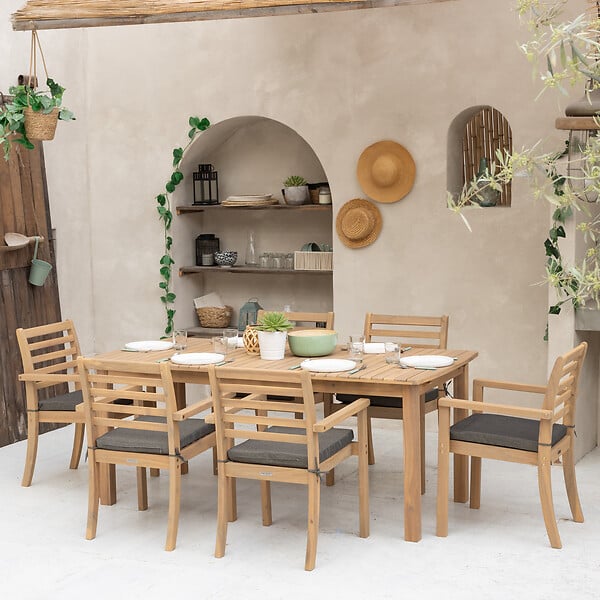 HAPPY GARDEN - Salon de jardin extensible 180/240cm PADAR en acacia massif 8 places - coussins gris - large