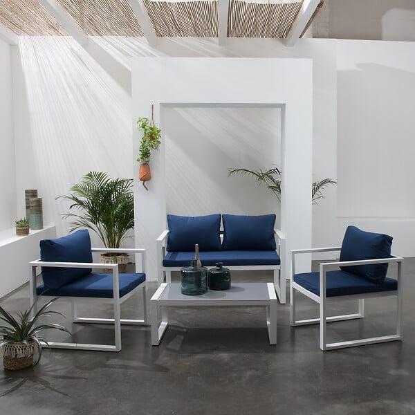 HAPPY GARDEN - Salon de jardin IBIZA en tissu bleu 4 places - aluminium blanc - large