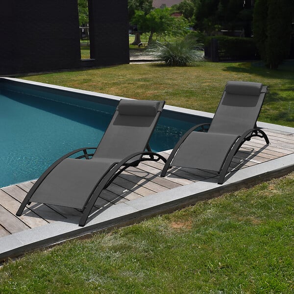 HAPPY GARDEN - Lot de 2 transats GALAPAGOS en textilène gris - aluminium gris anthracite - large