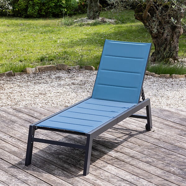 HAPPY GARDEN - Bain de soleil BARBADOS en textilène bleu gris - aluminium anthracite - large