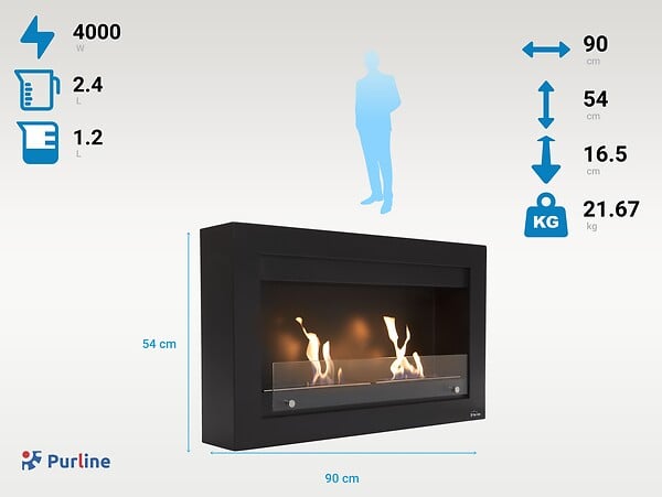 PURLINE - Large cheminée à l'éthanol en acier noir et double flamme - large