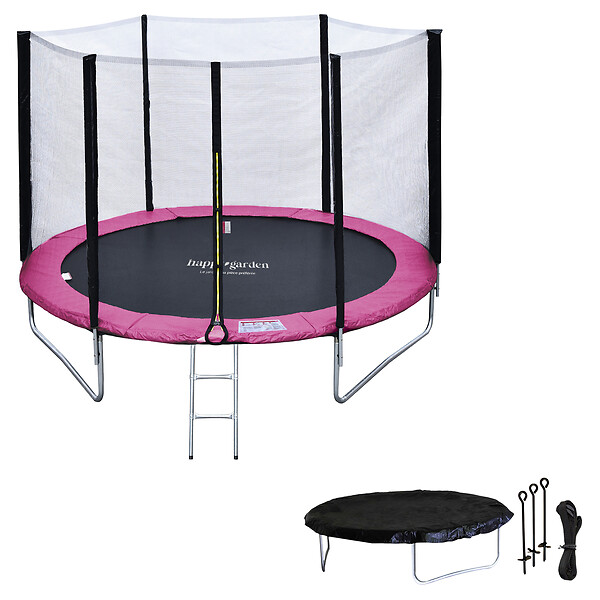 HAPPY GARDEN - Pack Premium Trampoline 245cm réversible gris / rose CANBERRA + filet, échelle, bâche et kit d'ancrage - large