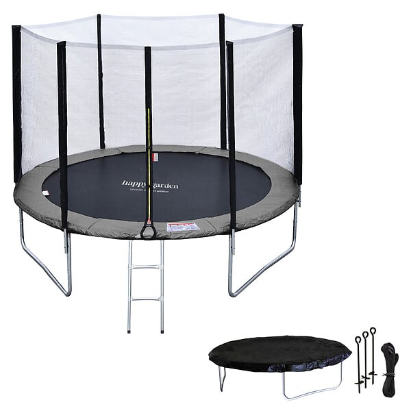 HAPPY GARDEN - Pack Premium Trampoline 305cm réversible rose / gris ADELAÏDE + filet, échelle, bâche et kit d'ancrage - large