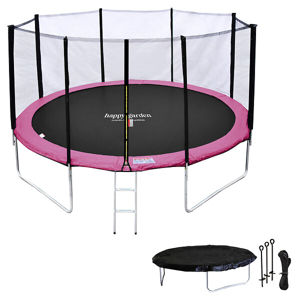 HAPPY GARDEN - Pack Premium Trampoline 430cm réversible gris / rose MELBOURNE + filet, échelle, bâche et kit d'ancrage - large