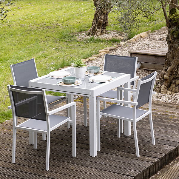 HAPPY GARDEN - Salon de jardin LAMPEDUSA extensible en textilène gris 8 places - aluminium blanc - large