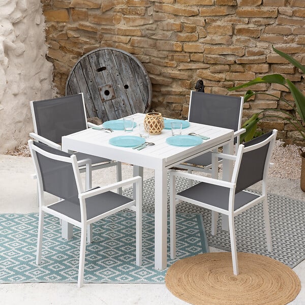 HAPPY GARDEN - Salon de jardin VENEZIA extensible 90/180 en textilène gris 8 places - aluminium blanc - large