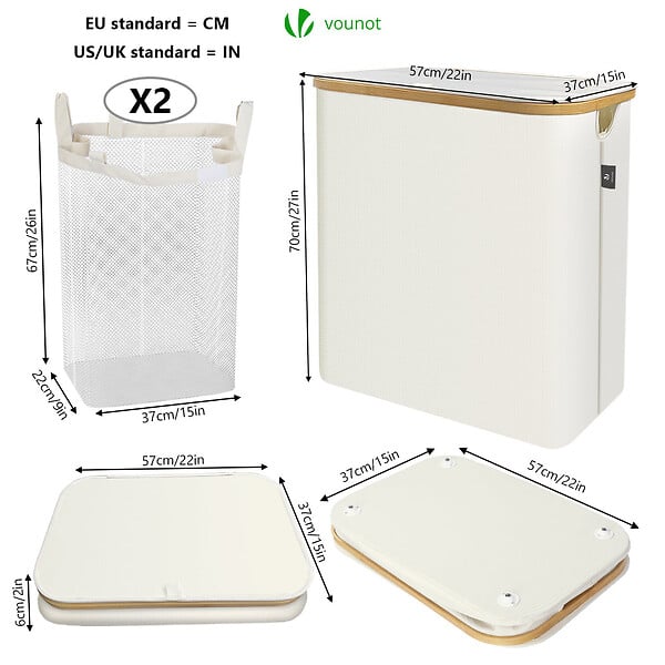 VOUNOT - Panier a linge pliable 145L avec sac intérieur cadre bambou et couvercle beige - large