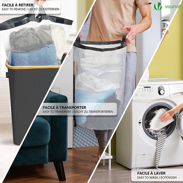 VOUNOT - Panier a linge pliable 145L avec sac intérieur cadre bambou et couvercle gris - large