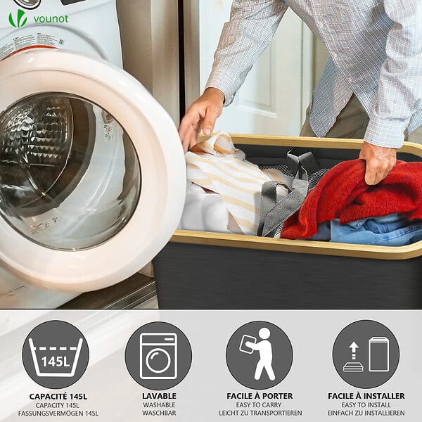 VOUNOT - Panier a linge pliable 145L avec sac intérieur cadre bambou et couvercle gris - large