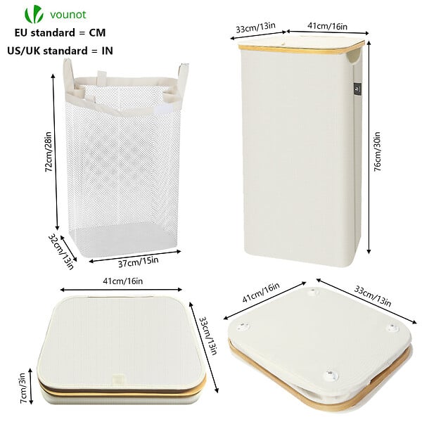 VOUNOT - Panier a linge pliable 100L avec sac intérieur cadre bambou et couvercle beige - large