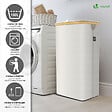 VOUNOT - Panier a linge pliable 100L avec sac intérieur cadre bambou et couvercle beige - vignette