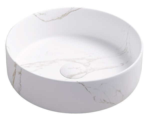 ONDEE - Vasque à poser ronde NAMI - Céramique Marbre blanc - Dim : Ø34,6 x 11,4cm - large