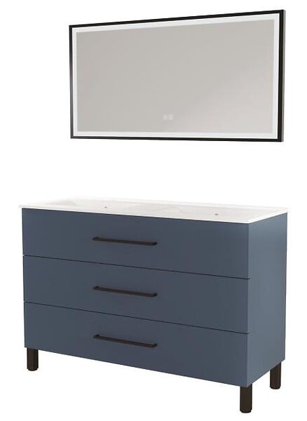 ONDEE - Meuble à poser MONACO - Dim 120cm - Bleu Minéral - Mir SELENA - Poignées noires - large