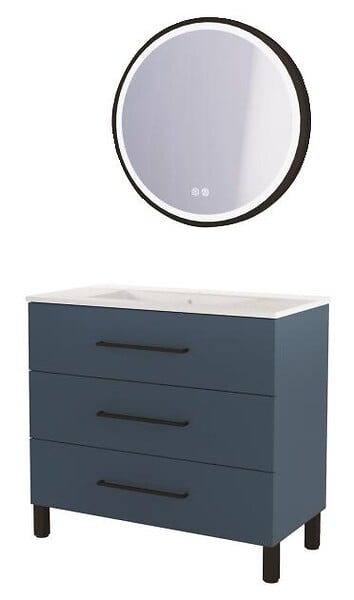 ONDEE - Meuble à poser MONACO - Dim 90cm - Bleu Minéral - Mir ALEXINE - Poignées noires - large