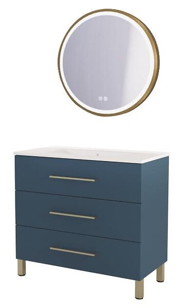 ONDEE - Meuble à poser MONACO - Dim 90cm - Bleu Minéral - Mir ALEXINE - Poignées Dorées - large